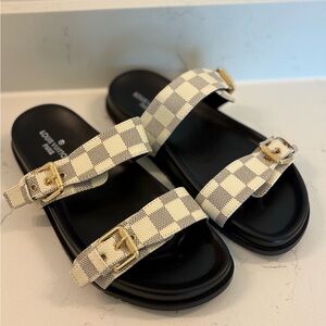 Damier Azur Checkered Sandals with Gold Buckles